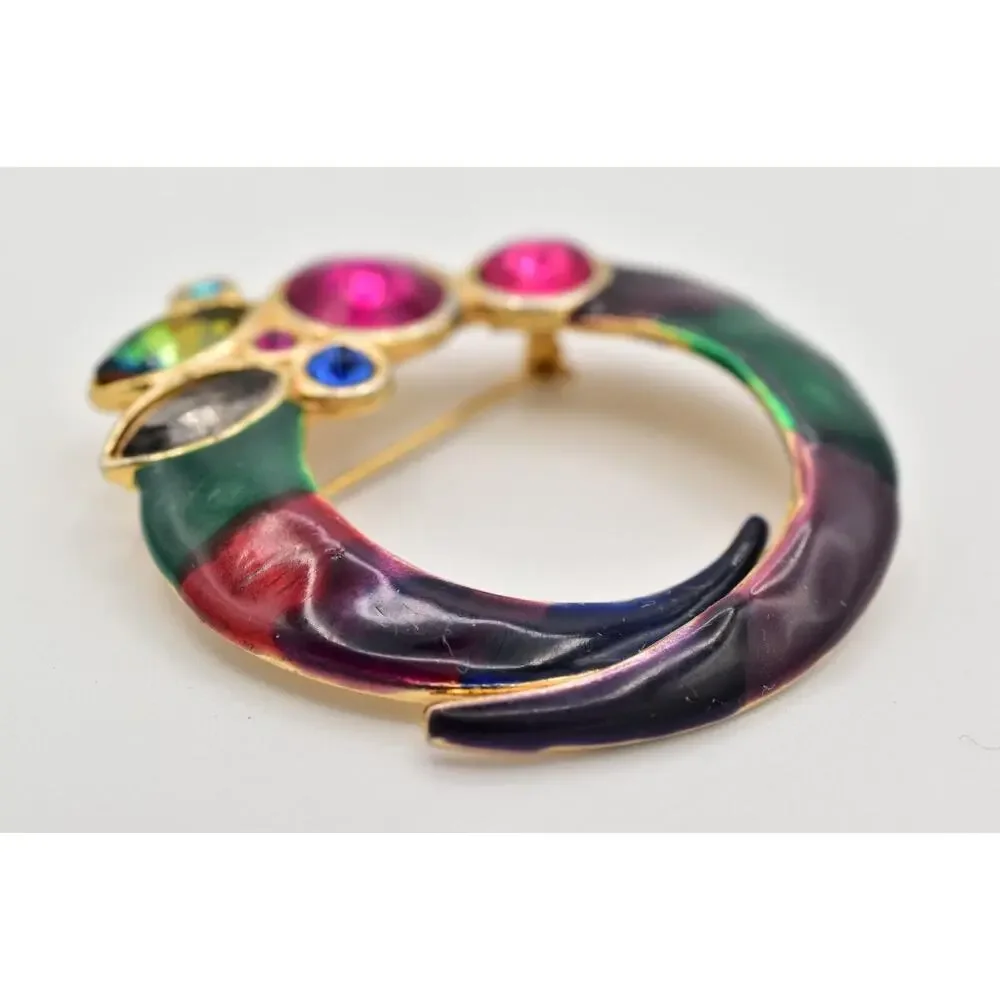 ECD Vintage Crystal Brooch Pin Multi-Color Enamel Gold Chunky 1980s Signed BinBG